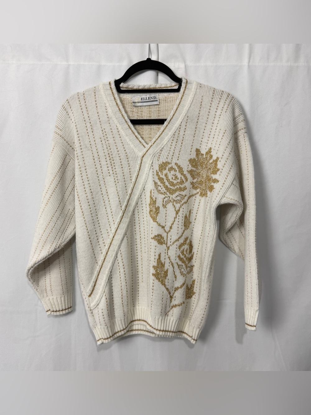 Vintage Ellen D White Gold Metallic Sweater Floral Wrap Knit No Size